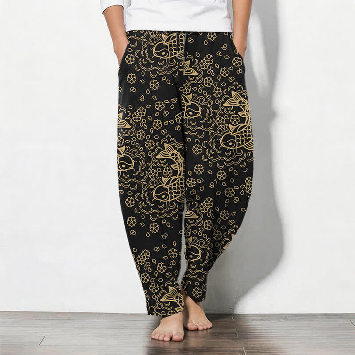Buddha Stones Pantalon fuselé pour homme en pur coton, motif floral et carpes koï dorées, cordon de serrage et poches - Noir - US/UK/AU50，EU60 (5XL) - image 0