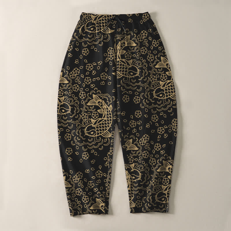 Buddha Stones Pantalon fuselé pour homme en pur coton, motif floral et carpes koï dorées, cordon de serrage et poches - image 2