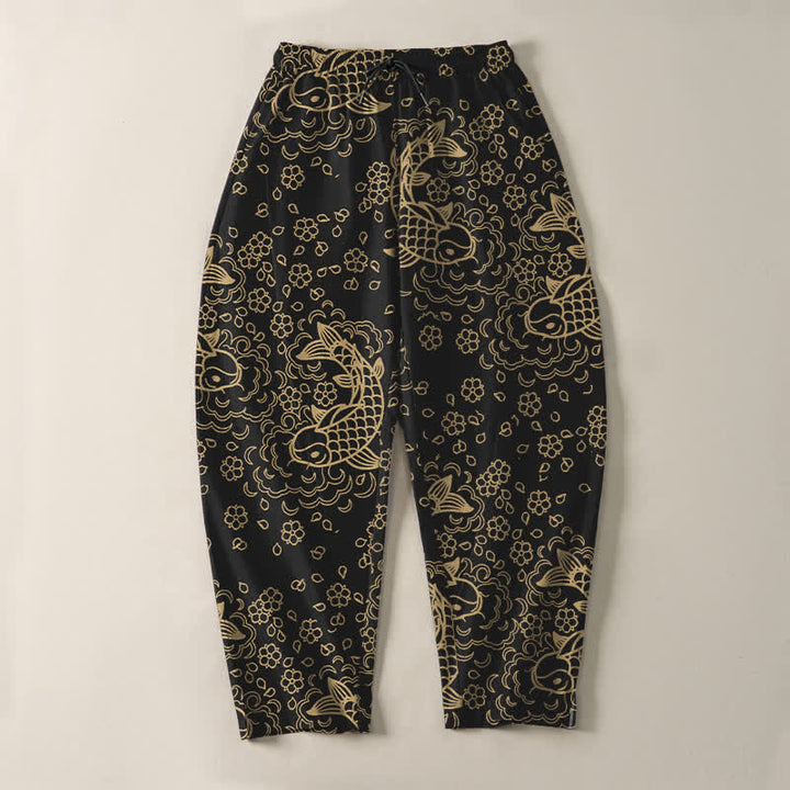 Buddha Stones Pantalon fuselé pour homme en pur coton, motif floral et carpes koï dorées, cordon de serrage et poches - image 2