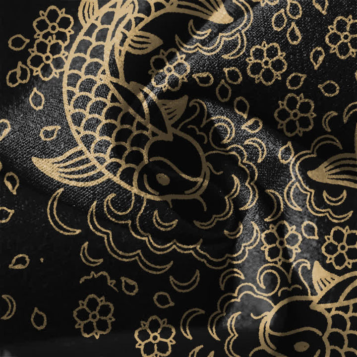 Buddha Stones Pantalon fuselé pour homme en pur coton, motif floral et carpes koï dorées, cordon de serrage et poches - image 6