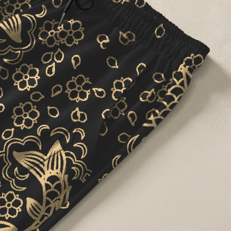 Buddha Stones Pantalon fuselé pour homme en pur coton, motif floral et carpes koï dorées, cordon de serrage et poches - image 4