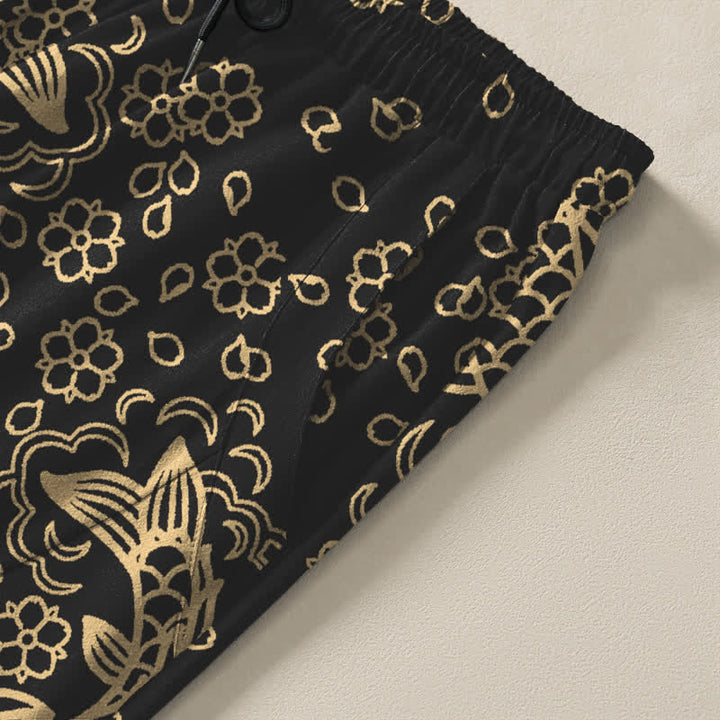 Buddha Stones Pantalon fuselé pour homme en pur coton, motif floral et carpes koï dorées, cordon de serrage et poches - image 4