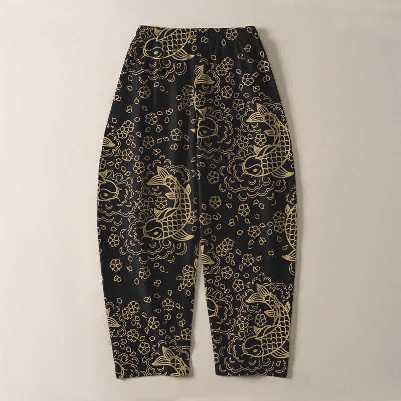 Buddha Stones Pantalon fuselé pour homme en pur coton, motif floral et carpes koï dorées, cordon de serrage et poches - image 3