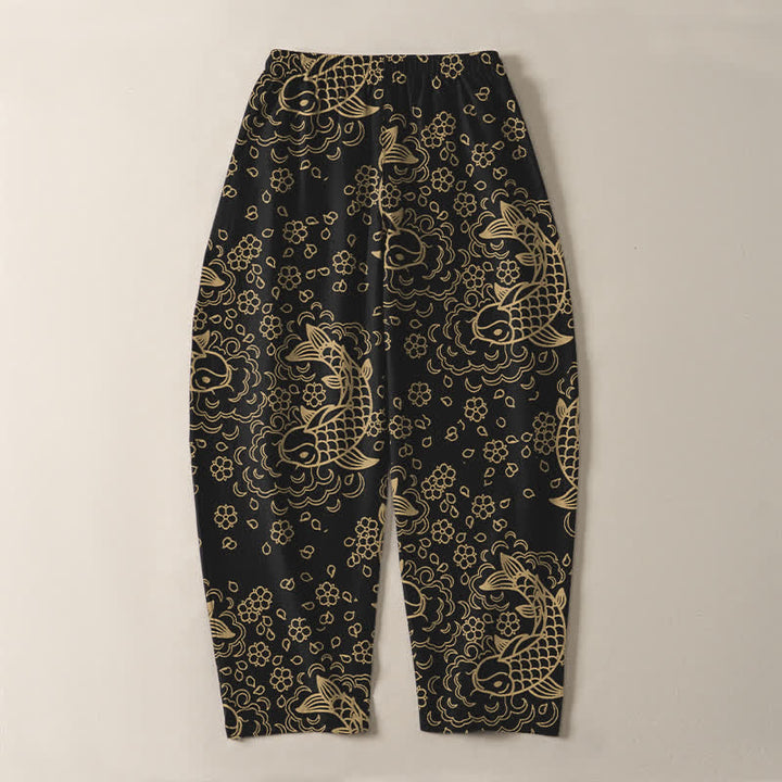 Buddha Stones Pantalon fuselé pour homme en pur coton, motif floral et carpes koï dorées, cordon de serrage et poches - image 3