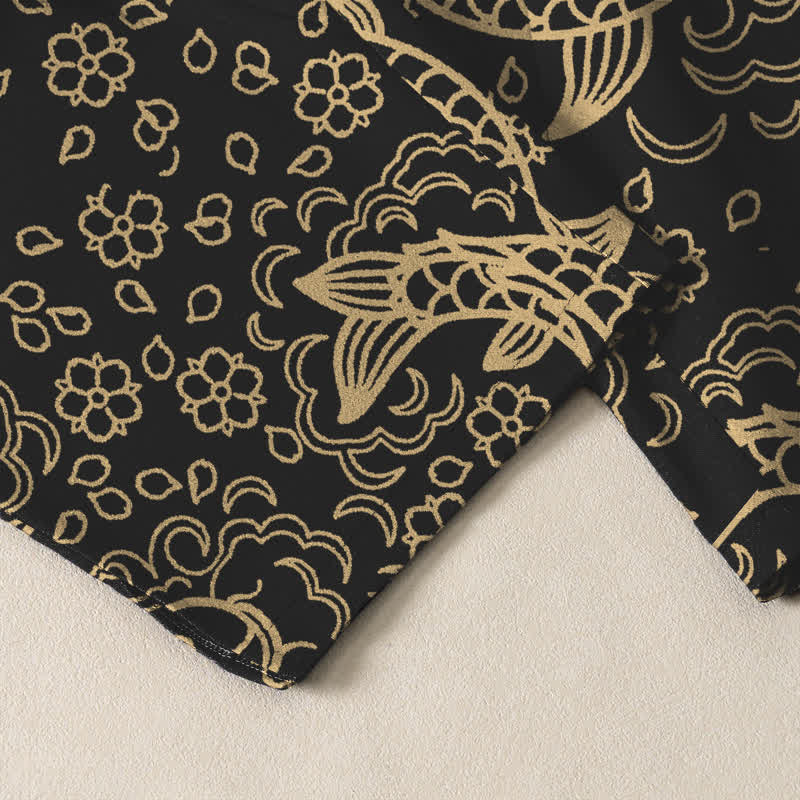 Buddha Stones Pantalon fuselé pour homme en pur coton, motif floral et carpes koï dorées, cordon de serrage et poches - image 5
