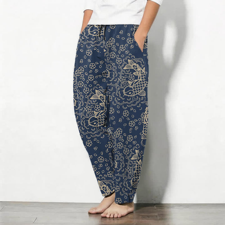 Buddha Stones Pantalon fuselé pour homme en pur coton, motif floral et carpes koï dorées, cordon de serrage et poches - image 8