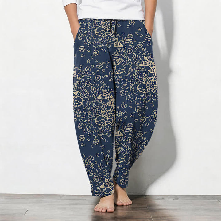 Buddha Stones Pantalon fuselé pour homme en pur coton, motif floral et carpes koï dorées, cordon de serrage et poches - Marine - US/UK/AU50，EU60 (5XL) - image 7