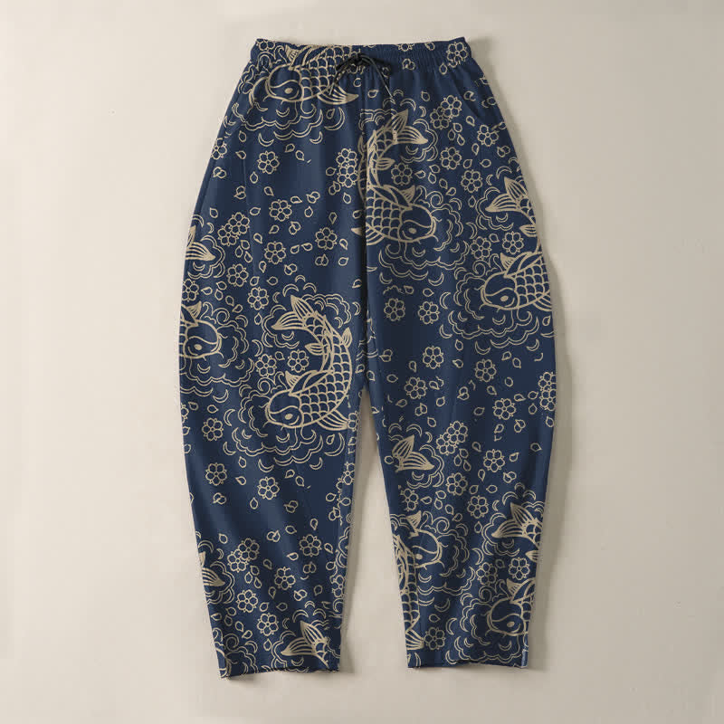 Buddha Stones Pantalon fuselé pour homme en pur coton, motif floral et carpes koï dorées, cordon de serrage et poches - image 9