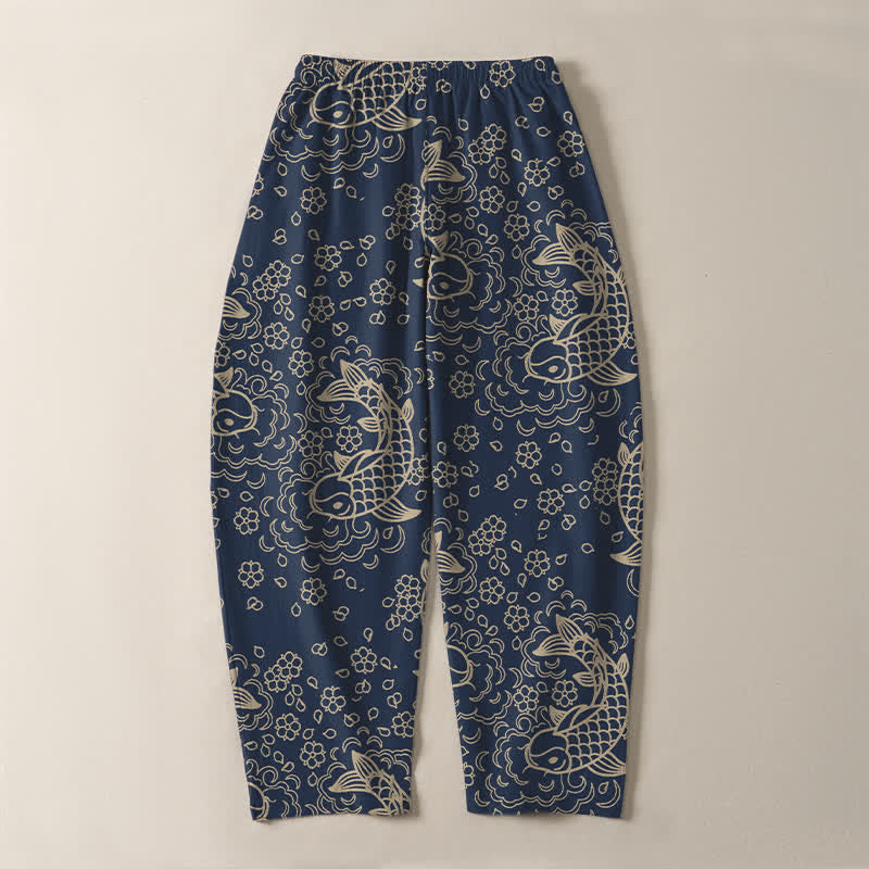 Buddha Stones Pantalon fuselé pour homme en pur coton, motif floral et carpes koï dorées, cordon de serrage et poches - image 10