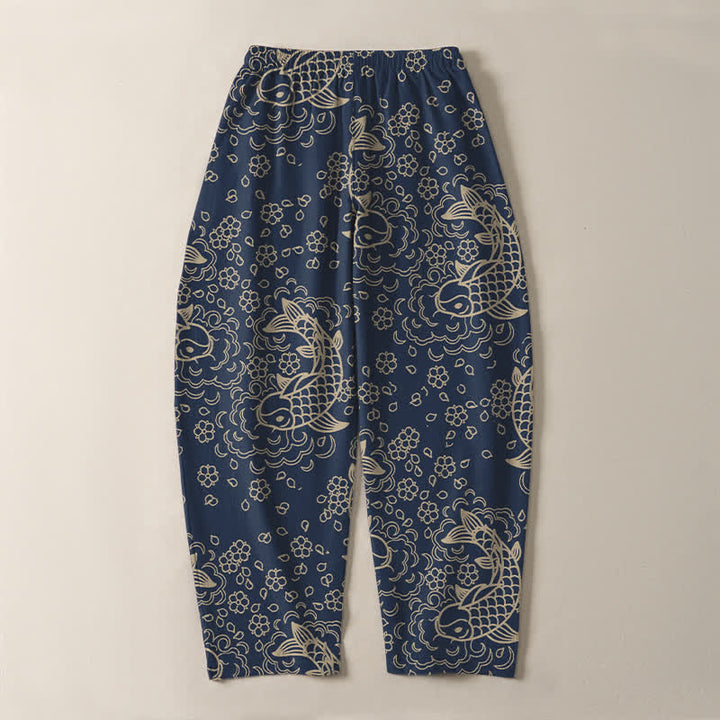 Buddha Stones Pantalon fuselé pour homme en pur coton, motif floral et carpes koï dorées, cordon de serrage et poches - image 10