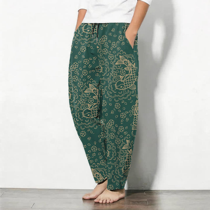 Buddha Stones Pantalon fuselé pour homme en pur coton, motif floral et carpes koï dorées, cordon de serrage et poches - image 12