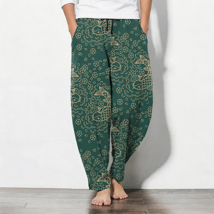 Buddha Stones Pantalon fuselé pour homme en pur coton, motif floral et carpes koï dorées, cordon de serrage et poches - Vert foncé - US/UK/AU50，EU60 (5XL) - image 11