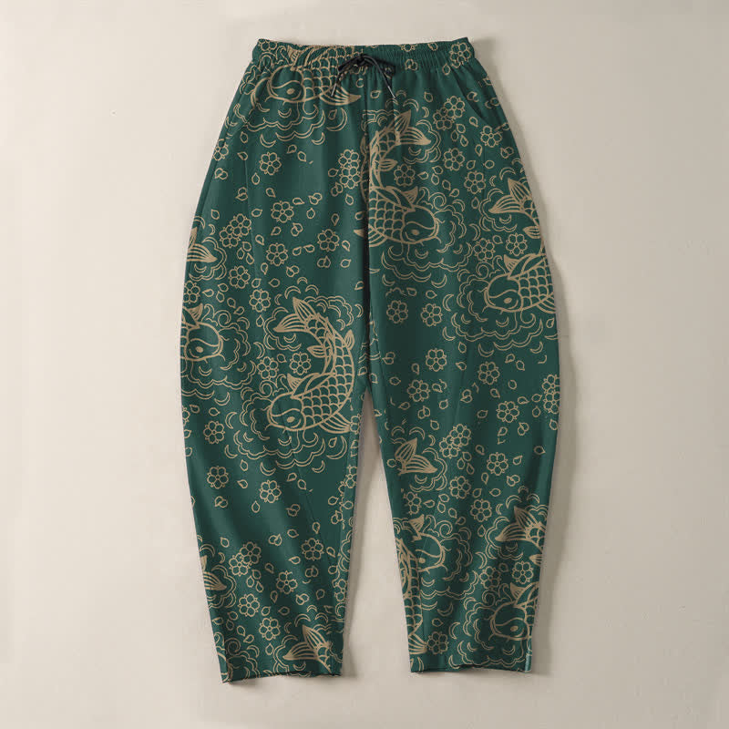 Buddha Stones Pantalon fuselé pour homme en pur coton, motif floral et carpes koï dorées, cordon de serrage et poches - image 13