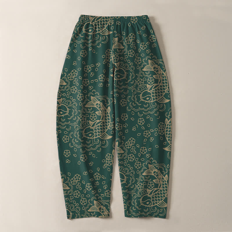 Buddha Stones Pantalon fuselé pour homme en pur coton, motif floral et carpes koï dorées, cordon de serrage et poches - image 14