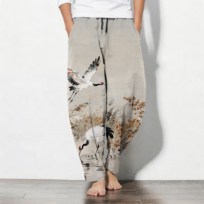 Buddha Stones Pantalon fuselé pour homme en pur coton délavé, motif roseaux, cordon de serrage et poches - Beige - US/UK/AU50，EU60 (5XL) - image 0