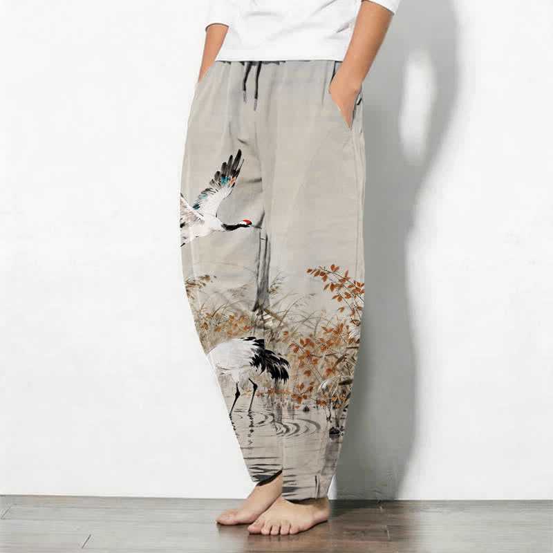 Buddha Stones Pantalon fuselé pour homme en pur coton délavé, motif roseaux, cordon de serrage et poches - image 1