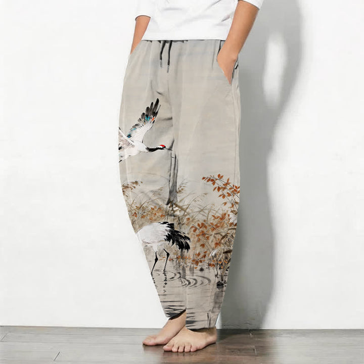 Buddha Stones Pantalon fuselé pour homme en pur coton délavé, motif roseaux, cordon de serrage et poches - image 1