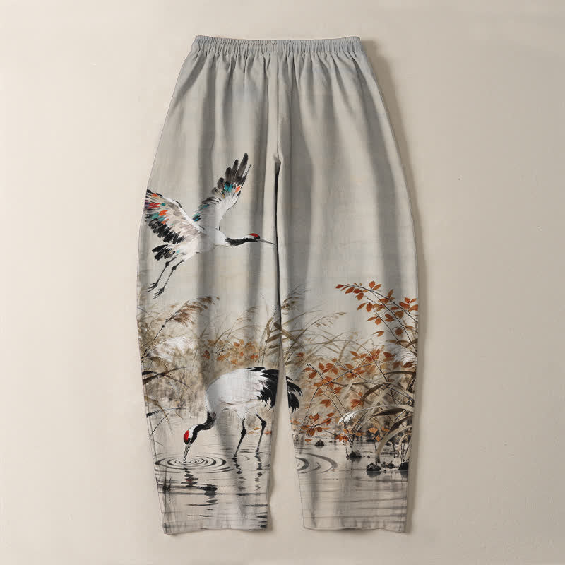 Buddha Stones Pantalon fuselé pour homme en pur coton délavé, motif roseaux, cordon de serrage et poches - image 3