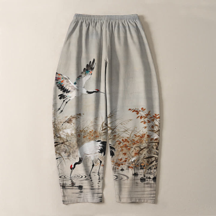 Buddha Stones Pantalon fuselé pour homme en pur coton délavé, motif roseaux, cordon de serrage et poches - image 3