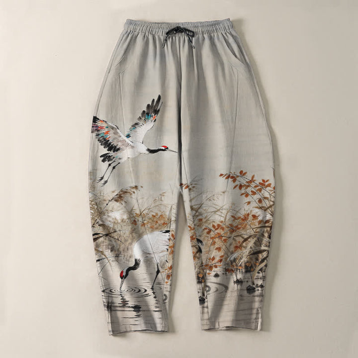 Buddha Stones Pantalon fuselé pour homme en pur coton délavé, motif roseaux, cordon de serrage et poches - image 2