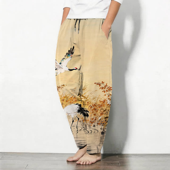 Buddha Stones Pantalon fuselé pour homme en pur coton délavé, motif roseaux, cordon de serrage et poches - image 8