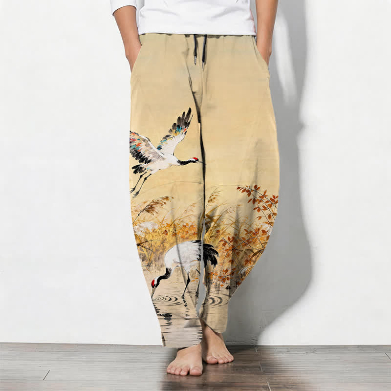 Buddha Stones Pantalon fuselé pour homme en pur coton délavé, motif roseaux, cordon de serrage et poches - Blé - US/UK/AU50，EU60 (5XL) - image 7