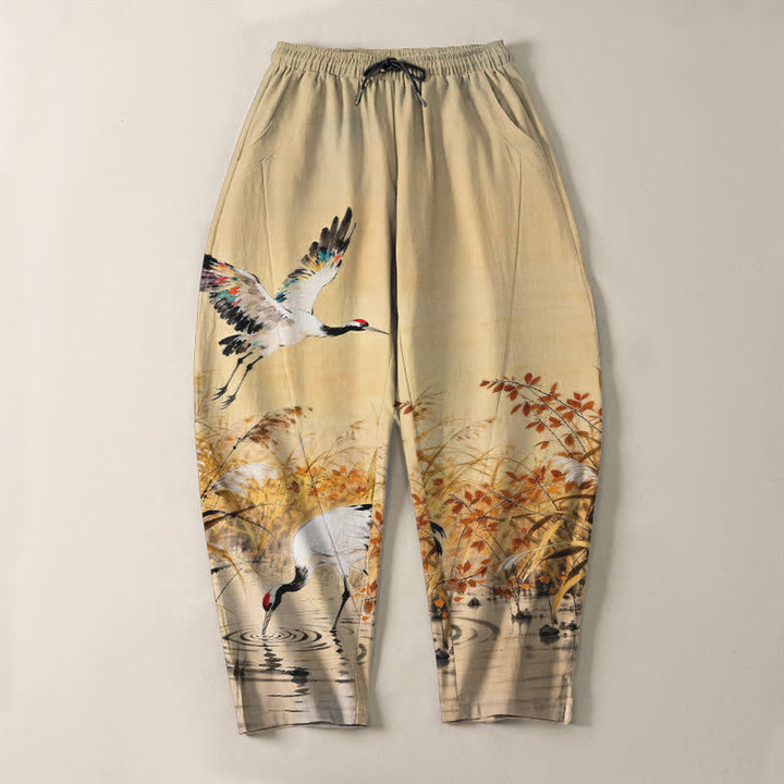 Buddha Stones Pantalon fuselé pour homme en pur coton délavé, motif roseaux, cordon de serrage et poches - image 9