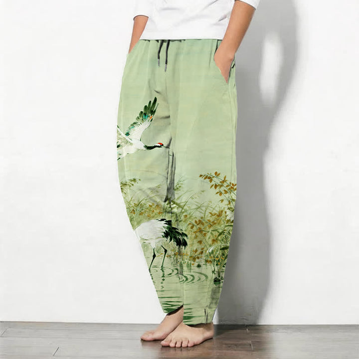 Buddha Stones Pantalon fuselé pour homme en pur coton délavé, motif roseaux, cordon de serrage et poches - image 15