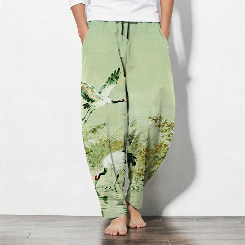 Buddha Stones Pantalon fuselé pour homme en pur coton délavé, motif roseaux, cordon de serrage et poches - Vert pâle - US/UK/AU50，EU60 (5XL) - image 14