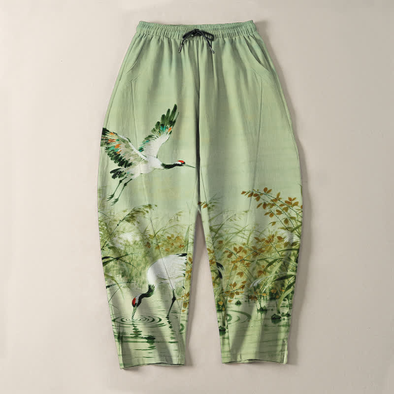 Buddha Stones Pantalon fuselé pour homme en pur coton délavé, motif roseaux, cordon de serrage et poches - image 16