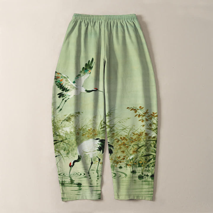 Buddha Stones Pantalon fuselé pour homme en pur coton délavé, motif roseaux, cordon de serrage et poches - image 17