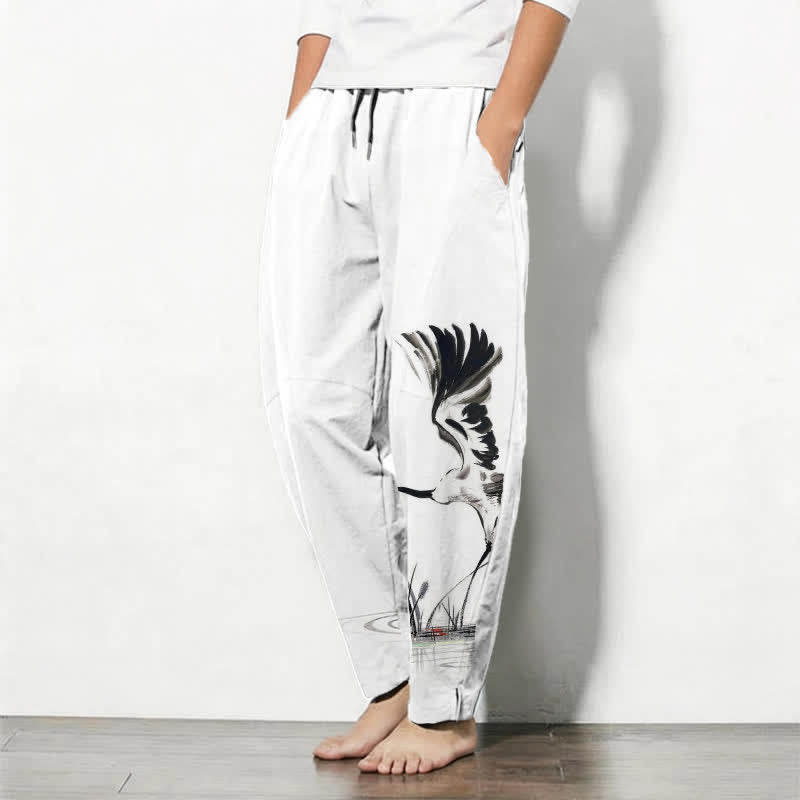 Buddha Stones Pantalon fuselé pour homme en pur coton, motif roseau, cordon de serrage et poches - image 1