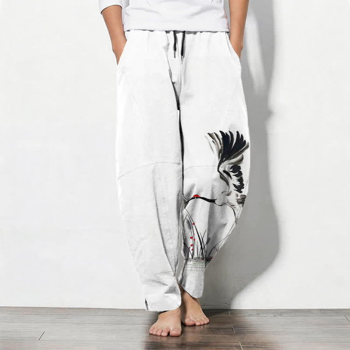 Buddha Stones Pantalon fuselé pour homme en pur coton, motif roseau, cordon de serrage et poches - Blanc - US/UK/AU50，EU60 (5XL) - image 0