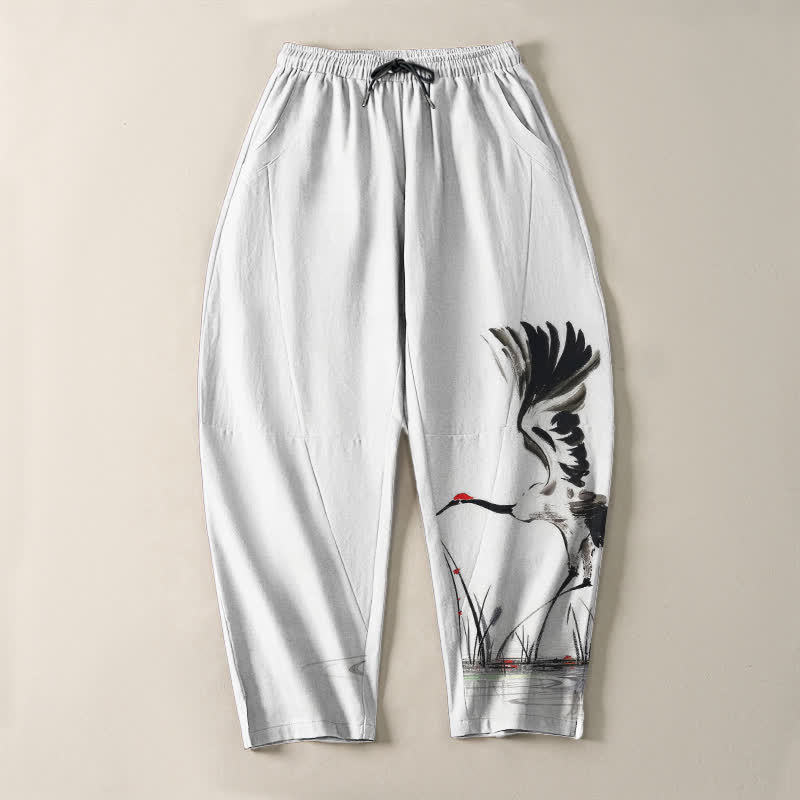Buddha Stones Pantalon fuselé pour homme en pur coton, motif roseau, cordon de serrage et poches - image 2