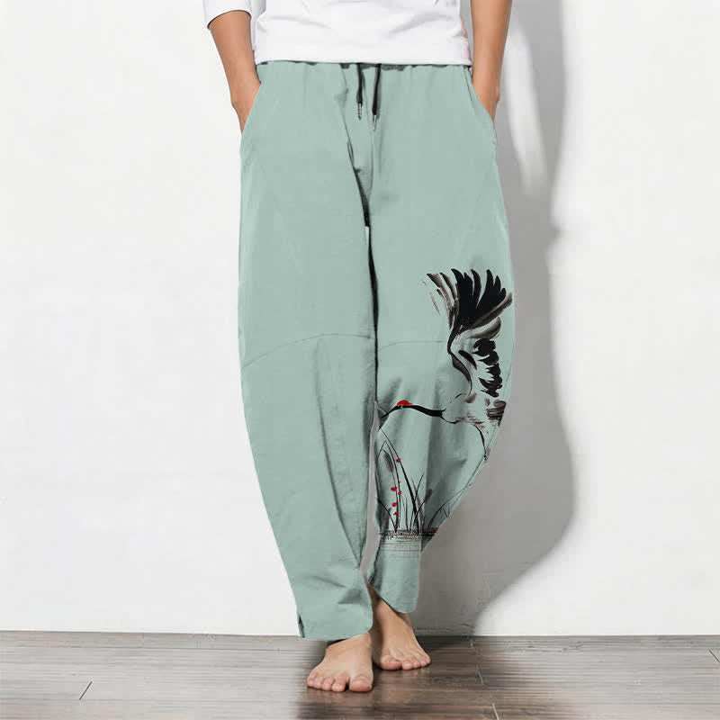 Buddha Stones Pantalon fuselé pour homme en pur coton, motif roseau, cordon de serrage et poches - Bleu vert - US/UK/AU50，EU60 (5XL) - image 7