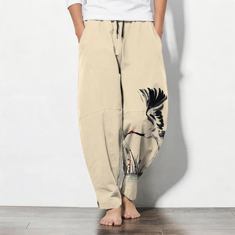 Buddha Stones Pantalon fuselé pour homme en pur coton, motif roseau, cordon de serrage et poches - Beige - US/UK/AU50，EU60 (5XL) - image 11