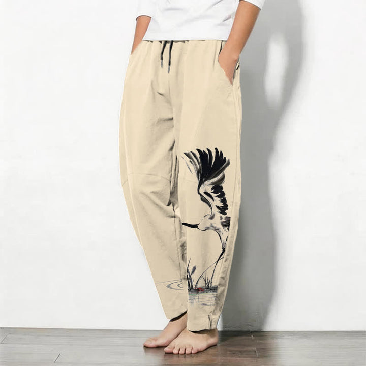 Buddha Stones Pantalon fuselé pour homme en pur coton, motif roseau, cordon de serrage et poches - image 12