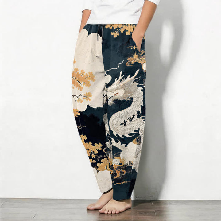 Buddha Stones Pantalon fuselé pour homme en pur coton, motif nuage de dragon oriental, cordon de serrage et poches - image 1