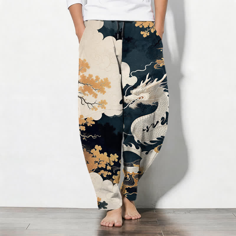 Buddha Stones Pantalon fuselé pour homme en pur coton, motif nuage de dragon oriental, cordon de serrage et poches - Marine - US/UK/AU50，EU60 (5XL) - image 0