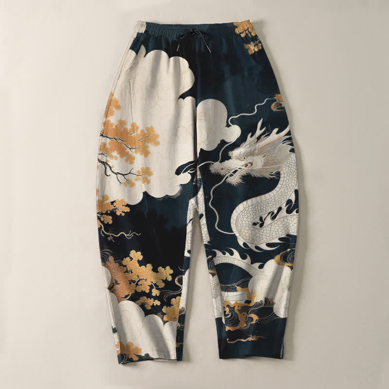 Buddha Stones Pantalon fuselé pour homme en pur coton, motif nuage de dragon oriental, cordon de serrage et poches - image 2