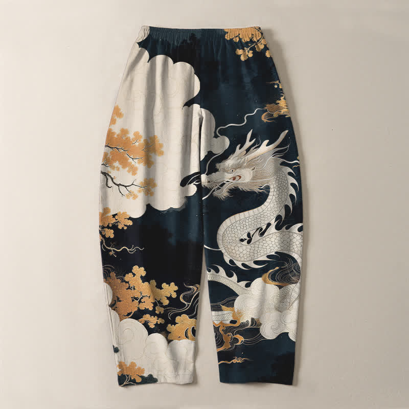Buddha Stones Pantalon fuselé pour homme en pur coton, motif nuage de dragon oriental, cordon de serrage et poches - image 3