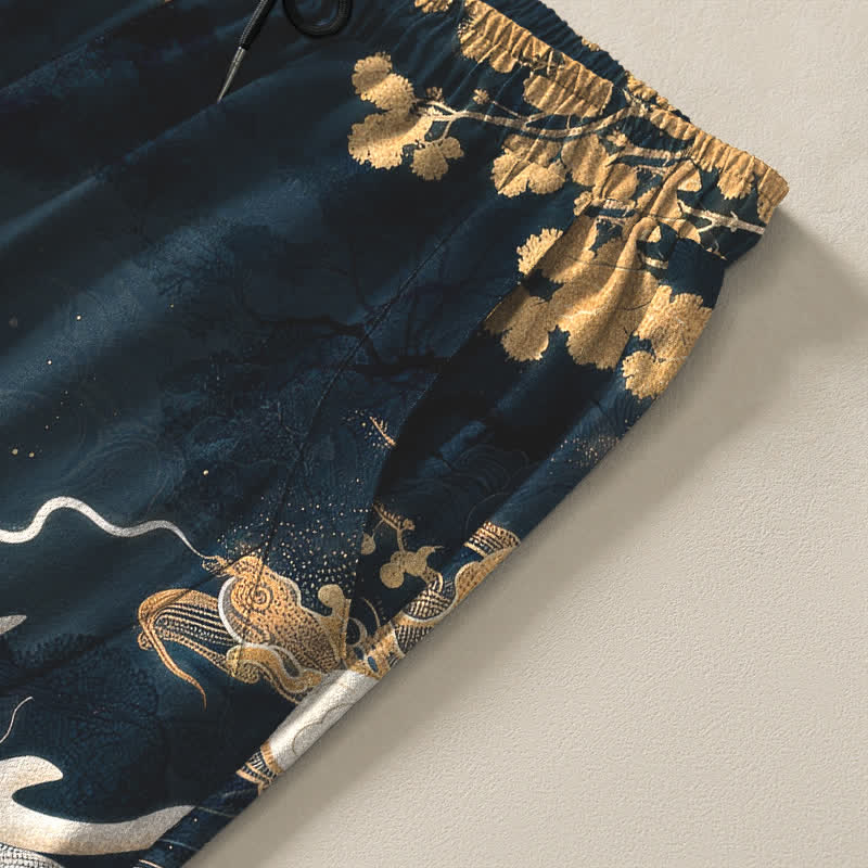 Buddha Stones Pantalon fuselé pour homme en pur coton, motif nuage de dragon oriental, cordon de serrage et poches - image 4