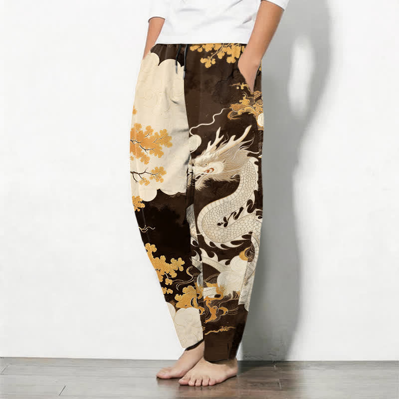 Buddha Stones Pantalon fuselé pour homme en pur coton, motif nuage de dragon oriental, cordon de serrage et poches - image 8