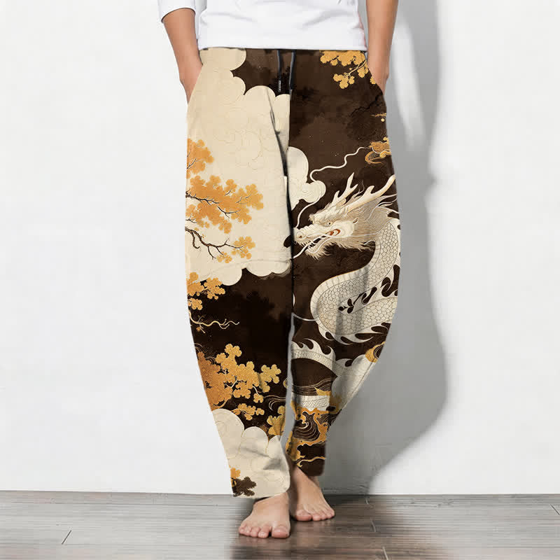 Buddha Stones Pantalon fuselé pour homme en pur coton, motif nuage de dragon oriental, cordon de serrage et poches - SaddleBrown - US/UK/AU50，EU60 (5XL) - image 7