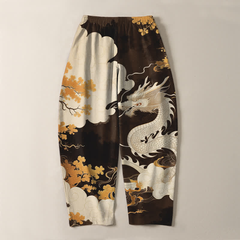 Buddha Stones Pantalon fuselé pour homme en pur coton, motif nuage de dragon oriental, cordon de serrage et poches - image 10