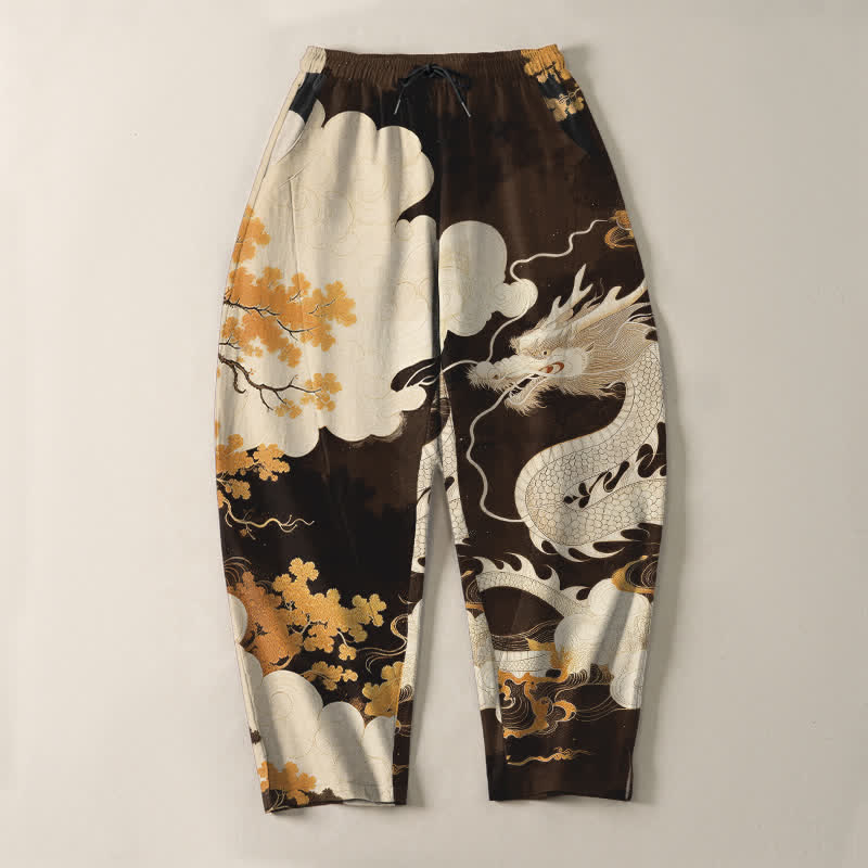 Buddha Stones Pantalon fuselé pour homme en pur coton, motif nuage de dragon oriental, cordon de serrage et poches - image 9