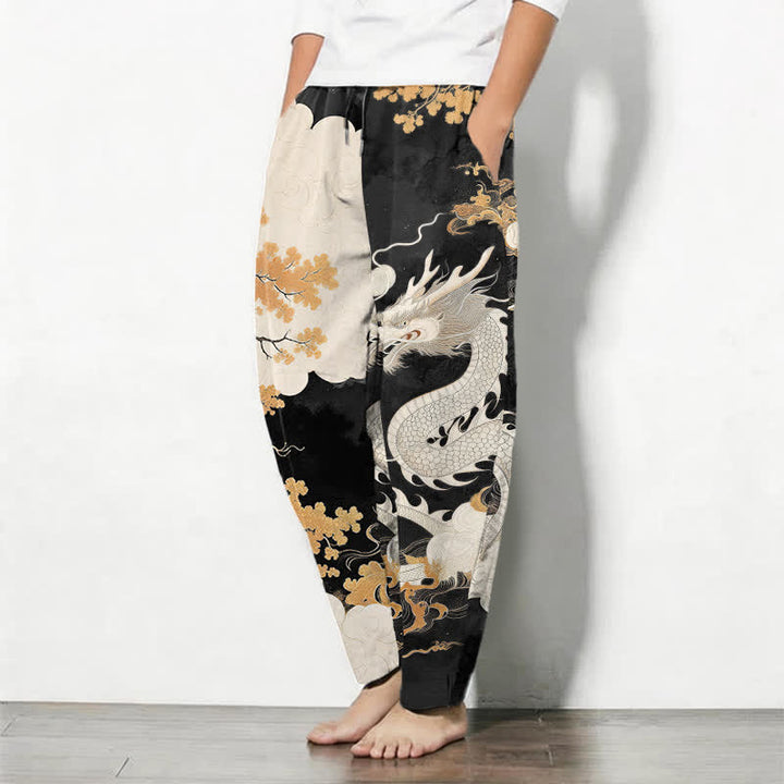 Buddha Stones Pantalon fuselé pour homme en pur coton, motif nuage de dragon oriental, cordon de serrage et poches - image 12