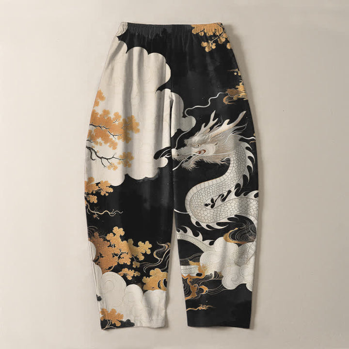 Buddha Stones Pantalon fuselé pour homme en pur coton, motif nuage de dragon oriental, cordon de serrage et poches - image 14