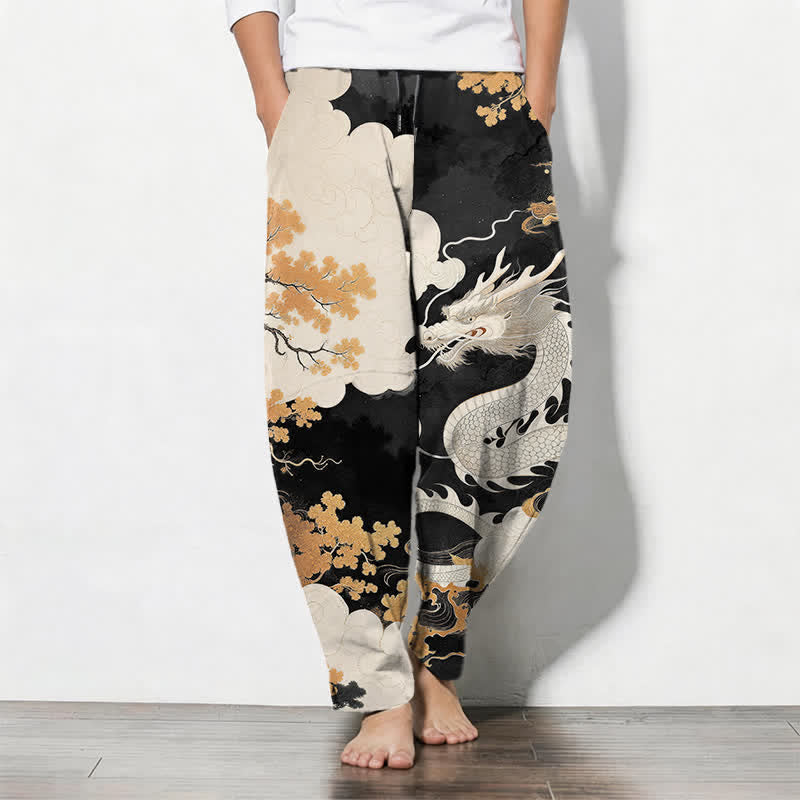 Buddha Stones Pantalon fuselé pour homme en pur coton, motif nuage de dragon oriental, cordon de serrage et poches - Noir - US/UK/AU50，EU60 (5XL) - image 11
