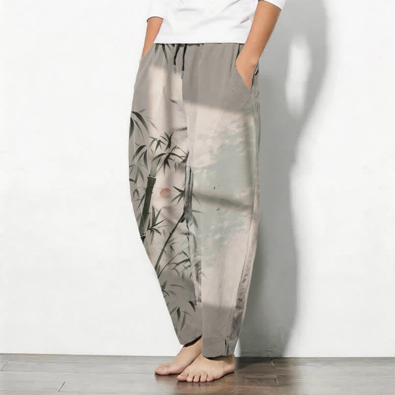 Buddha Stones Pantalon fuselé pour homme en pur coton, motif bambou, cordon de serrage et poches - image 1
